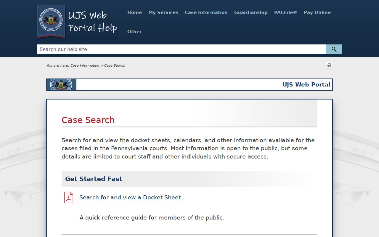 Official UJS help for a Greene County criminal case search