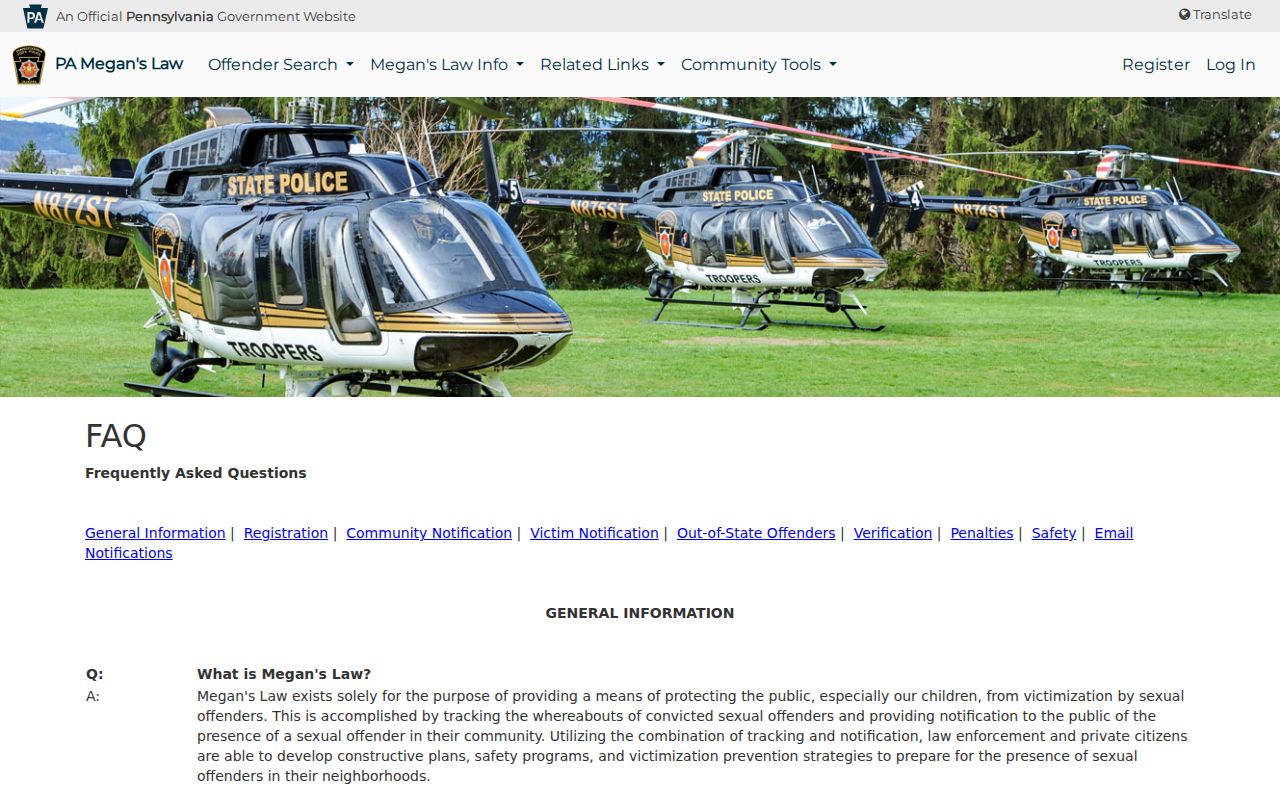 Greene County sex offender registry profile field guidance from Pennsylvania State Police